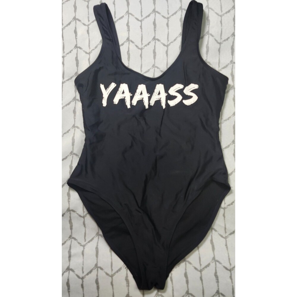 YAAASS High Cut Low Back One Piece Swimsuit Black White L 90s Y2K Baywatch